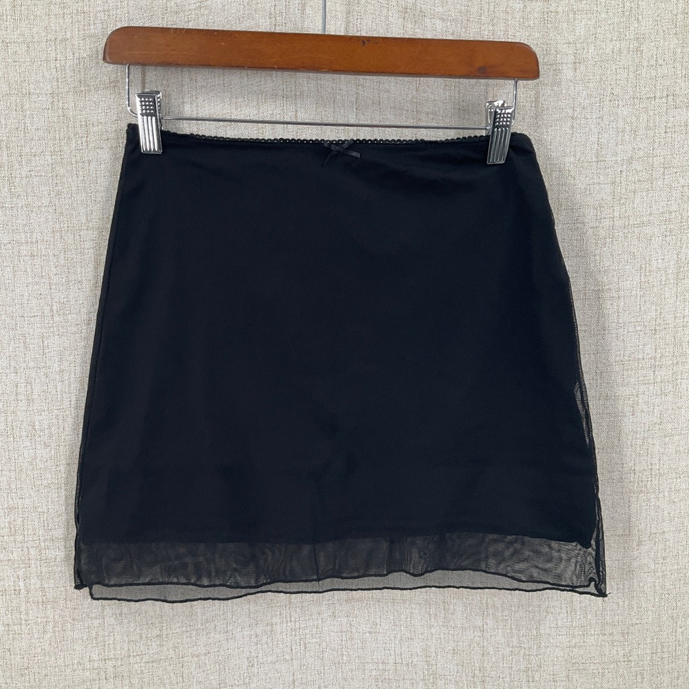 Brandy Melville Mini Skirt OS Black Mesh Overlay Bow Lettuce Hem Italy Coquette